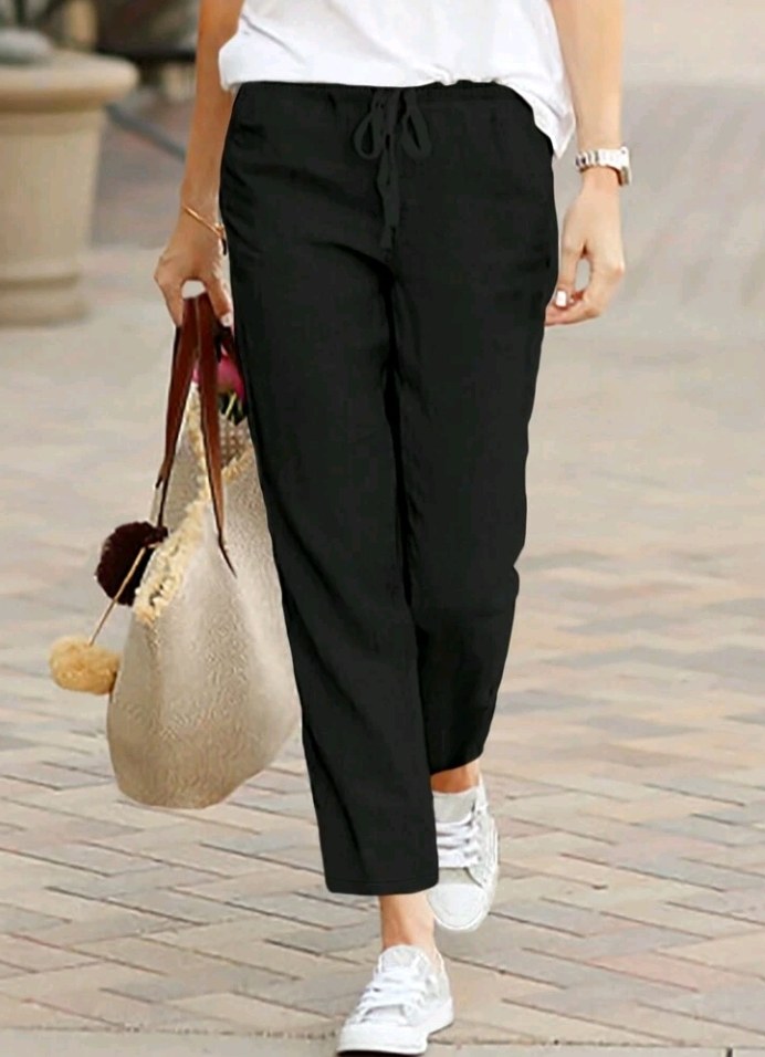 Women's Solid Color Drawstring Casual Straight Leg Pocket Pants Black