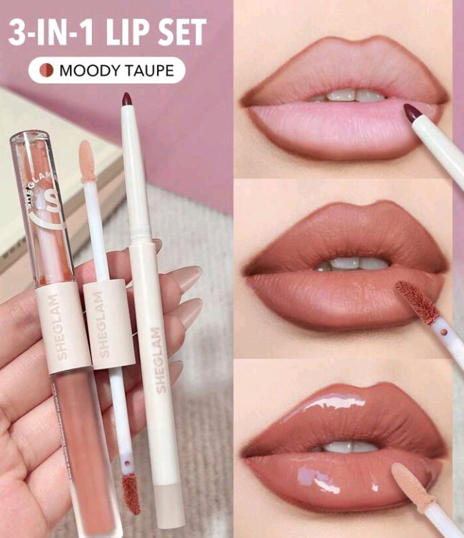 SHEGLAM Soft 90'SGlam Lip Liner And Lip Duo Set-Moody Taupe Lip Set 3-In-1 Lip Makeup Plumping Lip Gloss Moisturizing Plant Extracts Long Lasting Liquid Lipstick Lip Makeup Brown Liquid Lipstick Lip Combo