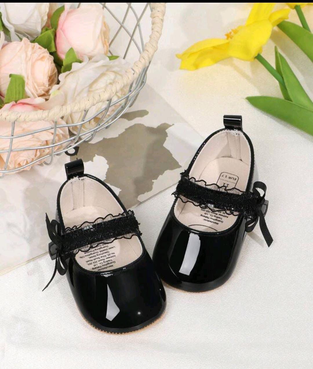 1 Pair Girl Solid Color Bow PU Design Toddler Shoes, Sweet & Elegant, Non-Slip Breathable Crawling Shoes Suitable For Spring & Autumn, 0-15 Months