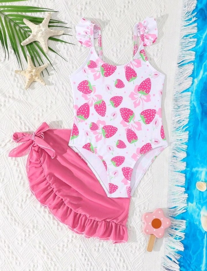 1pc Young Girls Strawberry Floral Print One-Piece Swimsuit With Mesh Skirt,Kids Strawberry Bathing Suit For Summer,Beach,Holiday