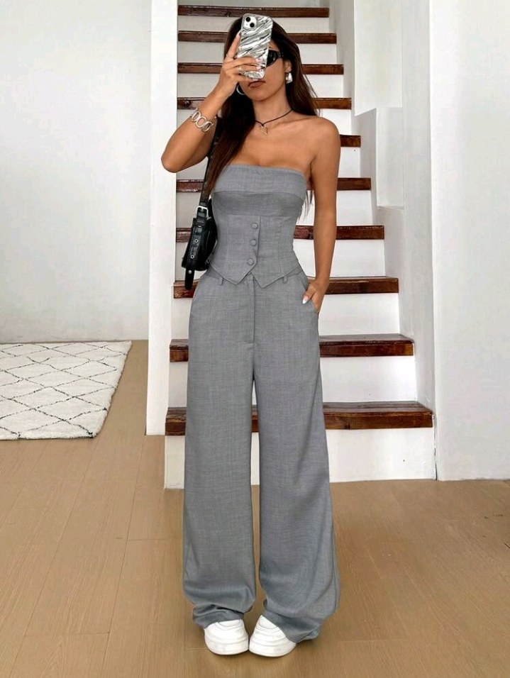 2pcs/Set Women Summer Fashion Going Out Buttoned Bandeau Top And Wide Leg Pants Set
