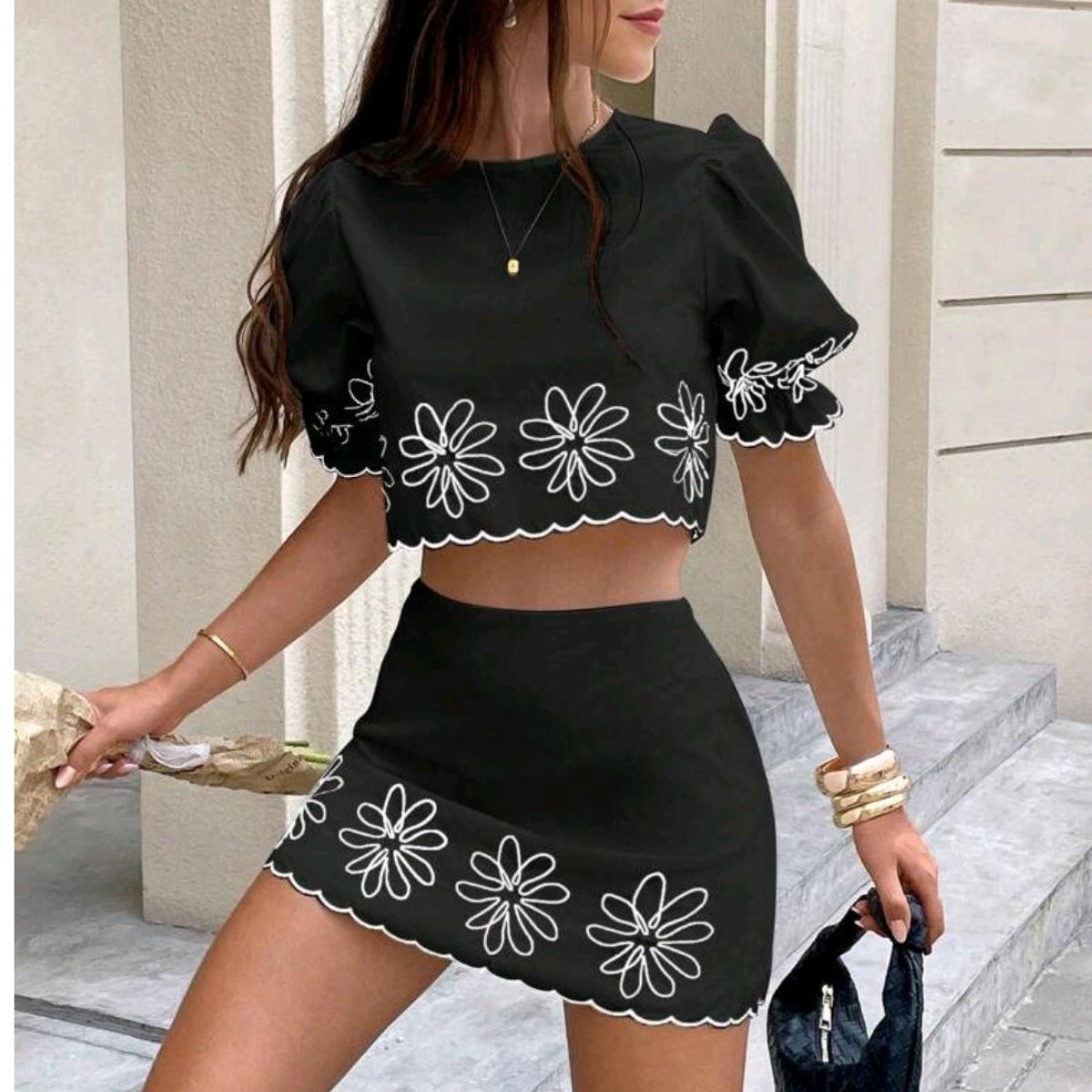 2pcs/Set Women Floral Print Short Puff Sleeve Cropped Shirt And Mini Skirt Black Summer Casual Black
