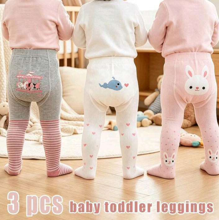 3pcs/Set Cute Cartoon Jacquard Tight Leggings For Baby Girls, Spring/Autumn Daily Versatile Tights