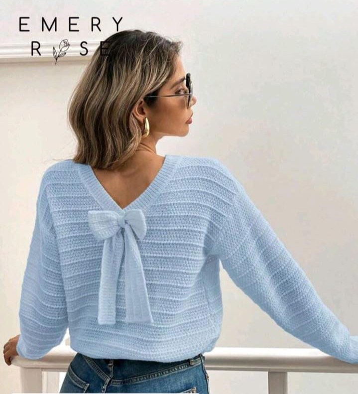 EMERY ROSE Women's Solid Color Long Sleeve Bow Decor Casual Pullover Sweater Knit Pullover Fall Winter