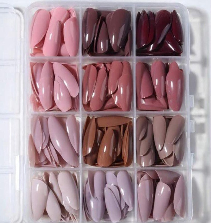 288pcs Medium Almond Shaped Press-On False Nail Tips, 12 Colors Nude & Brown Series Full Coverage Glossy Fake Nails, Pre-Shaped Solid Color Manicure Set, Suitable For DIY Nail Art