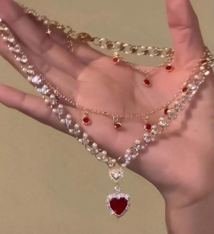 1pc Red Heart Faux Pearl Double Layer Stacked Necklace For Women, Luxury High-End Bone Chain