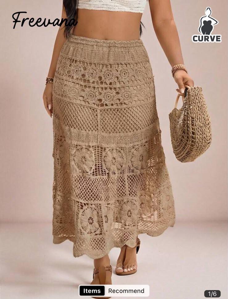 Casual Solid Color Hollow-Out Knit Sweater Skirt Women Crochet Ibiza Butter