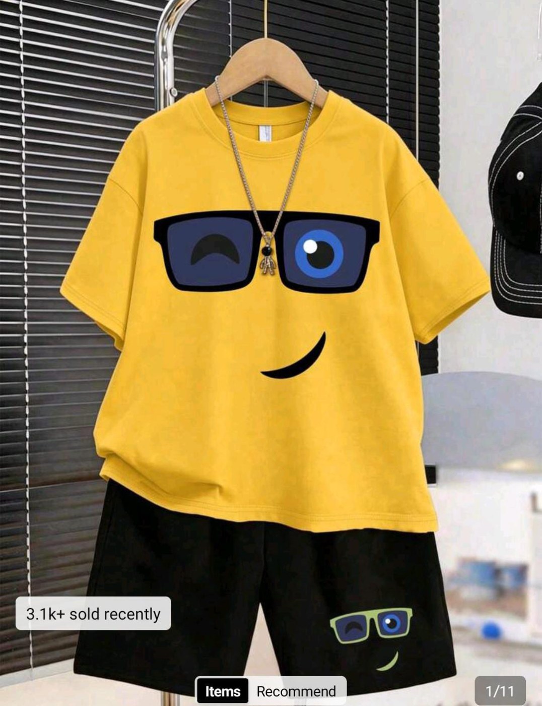 2pcs/Set Boys' Outfit: 1 Graphic Tee With Fashion Glasses & Cartoon Pattern, 1 Casual Sports Shorts.