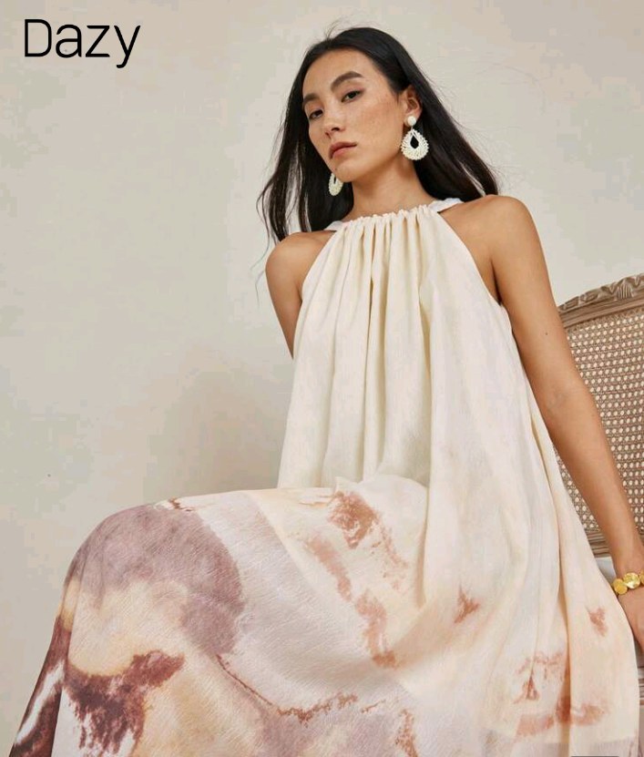 DAZY Women Casual Vacation Beach Tie-Neck Drawstring Tie-Dye Tie Dye Straight Midi Dress, Summer Cruise Outfit For Women