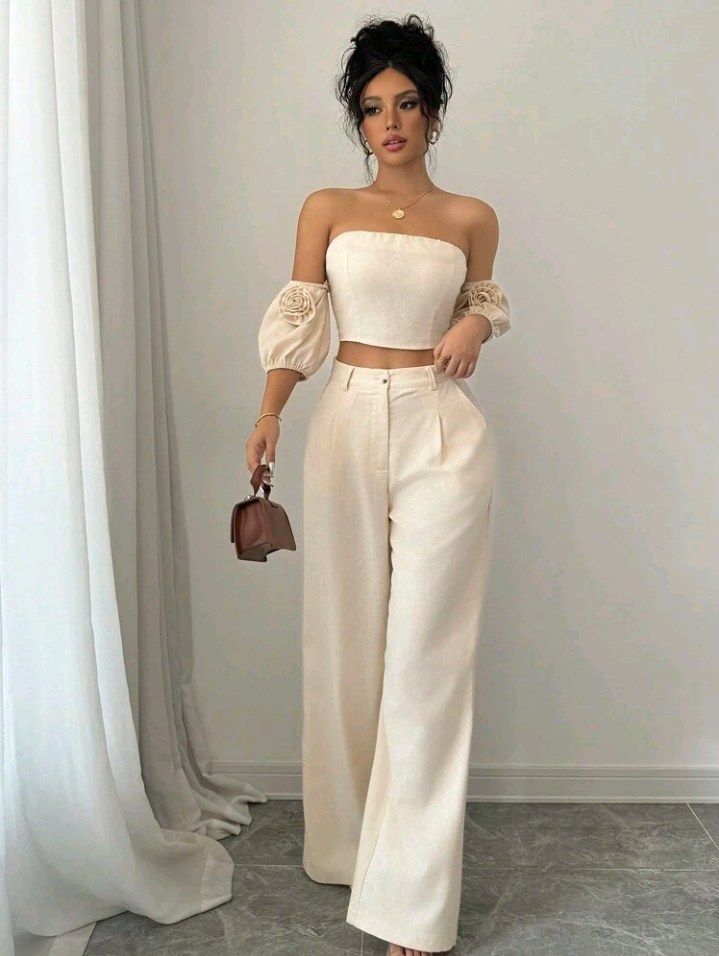 Selianne 2-Piece Set: 3D Flower Decor Off Shoulder Top And Pants