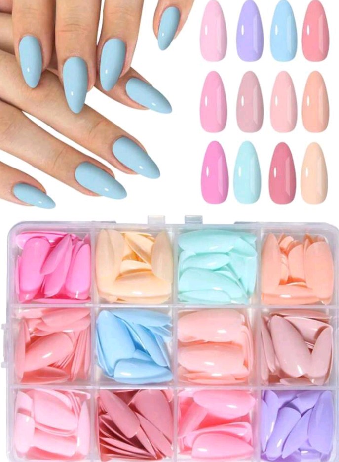 288pcs (12 Mixed Designs) Long Almond-Shaped Glossy Acrylic Press-On Nail Stickers, Perfect Fit, Easy To Wear, Suitable For Summer Manicure, Pink Nail Art, Suitable For Women & Girls For Daily, Party And Other Occasions Nails