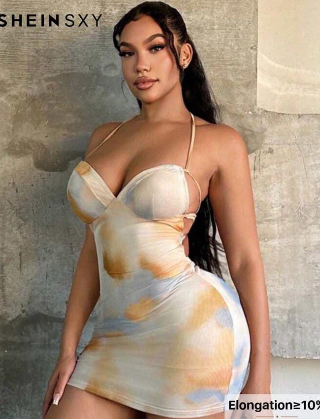 SXY Women's Tie Dye Print Open Back Halter Neck Bodycon Mesh Mini Dress