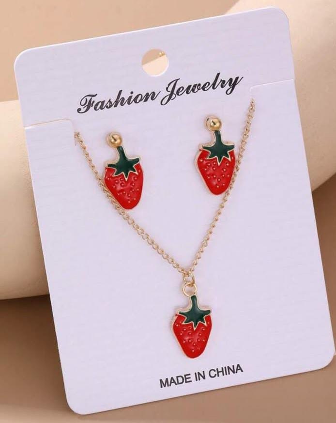 Fashionable Sweet Cute Glazed Strawberry Necklace & Earrings