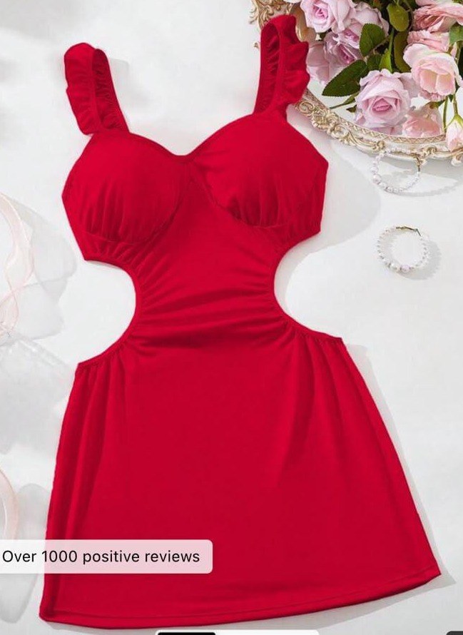 Women's Red Ruffle Flutter Sleeve Milk Silk Hollow Out Waist-Baring Bodycon Dress, Doll Style Sexy Lingerie Nightgown
