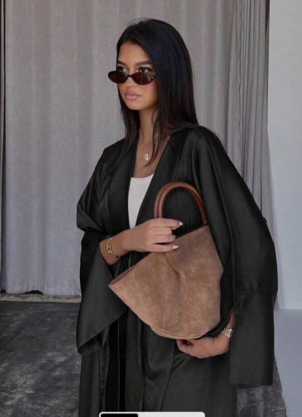 1pc Fashion Satin Style Women's Long Sleeve Kaftan/Jalabiya Dress, Waist Belt And Slit Design, Woven Fabric, Bohemian Style Black