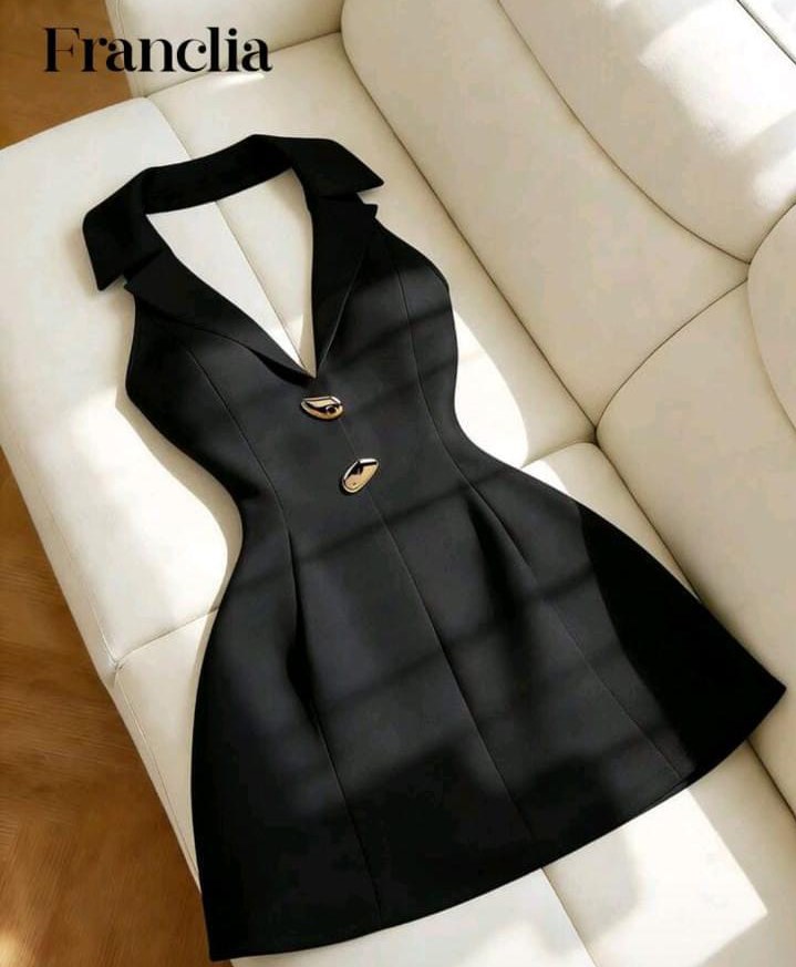Franclia Women's Elegant Halter Neck Blazer Dress, Metal Decor Waist Cinching Short Dress,Black Gold,Summer,Night Out,Wrinkle-Resistant Office Date Outfit