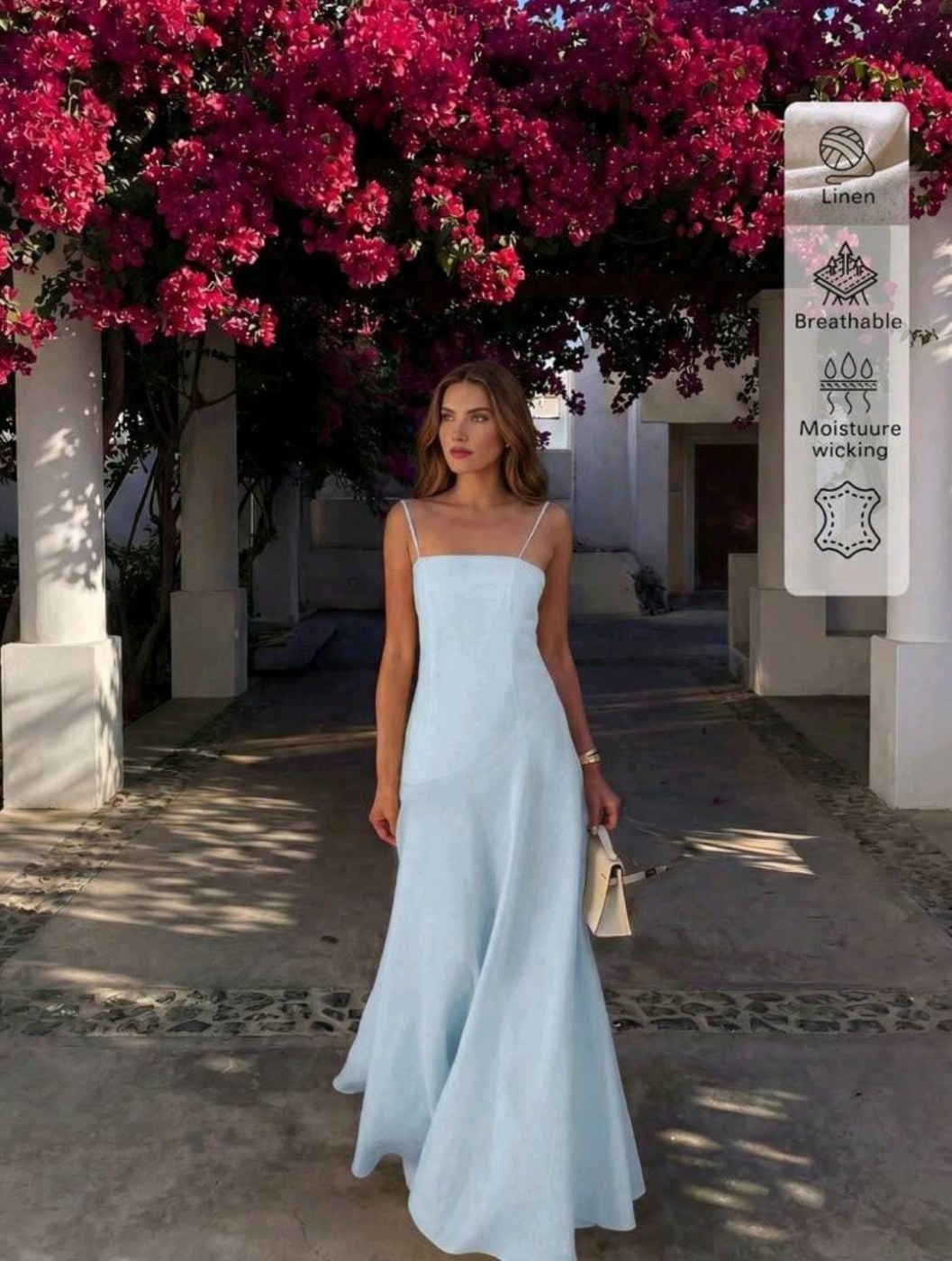 Linen Vacation Beach Travel Style Solid Color Linen Casual Slim Fit Spaghetti Strap Dress Elegant Summer, Resort Wear