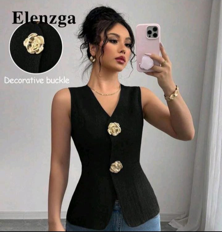Elenzga Women's V-Neck Fitted Gold Rose Button Decor Outerwear Top
