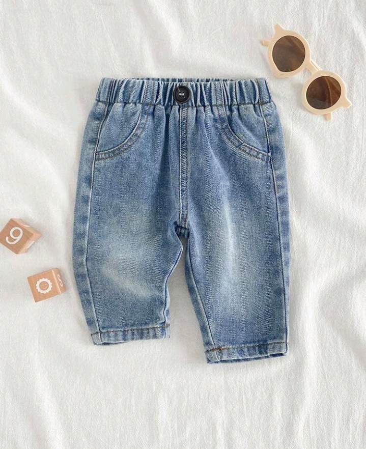 Vintaside Kids Countryside Style Newborn Baby Denim Pants,Classic Washed Blue Loose Fit Jeans With Full Elastic Waistband,Fake Pockets,Vintage Front Button Closure