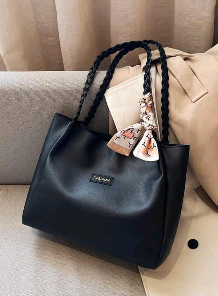 Women's Versatile Solid Color Handbag, Malist PU Leather Large Capacity Shoulder Bag With Scarf Decor, Lightweight & Spacious Tote Bag For Daily Office Use, Fashionable Waterproof Durable Square Tote, Mother's Day Gift