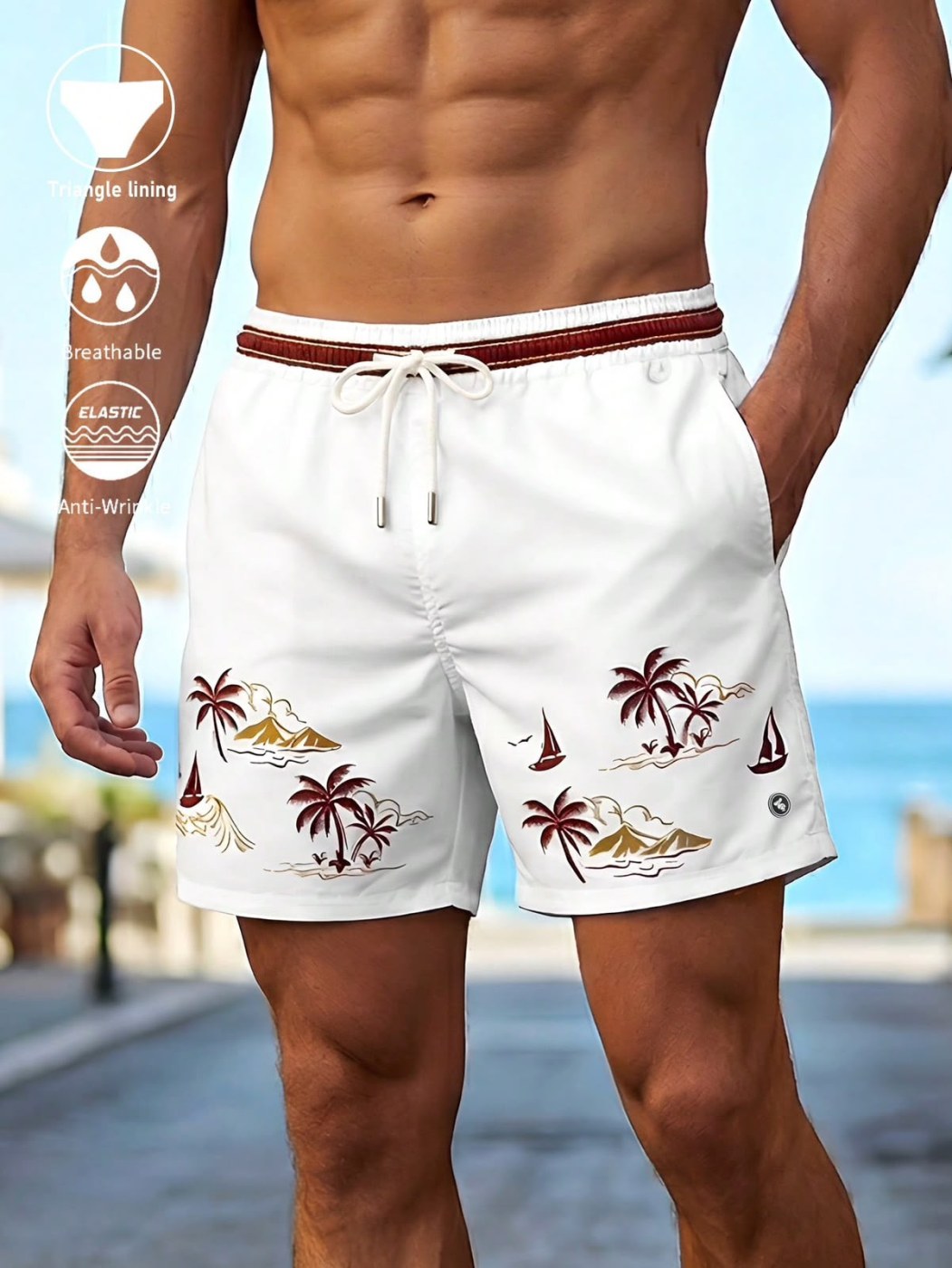 CoralVoy Men's Palm Tree Print Drawstring Waist Beach Shorts