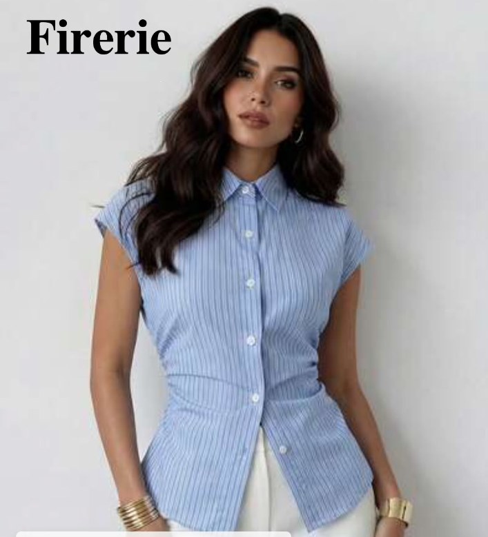 Firerie Women's Blue And White Stripe Cap Sleeve Shirt, Summer Side Ruched Tie Waist Blouse, Seksi Coastal Chic Waist Cinching Design, City Break Brunch
