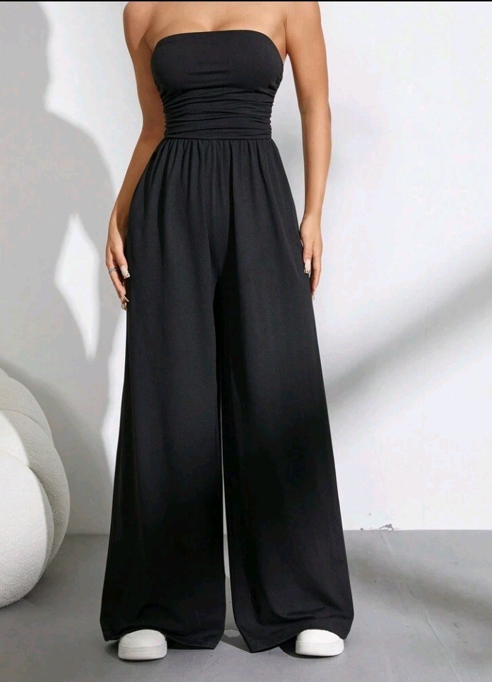 Flirla Solid Color Casual Sleeveless Pleated Loose Jumpsuit