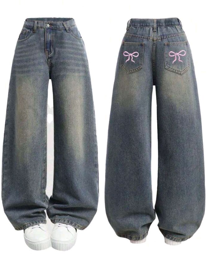 Teen Girl's Loose Bow Print Wide-Leg Jeans, Versatile