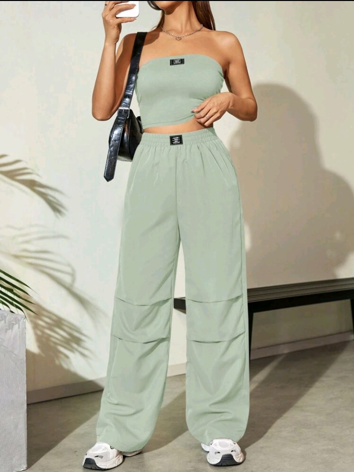 Flirla Women Summer Letter Printed Tube Top And Pleated Pants Loose Casual Two Pieces Set