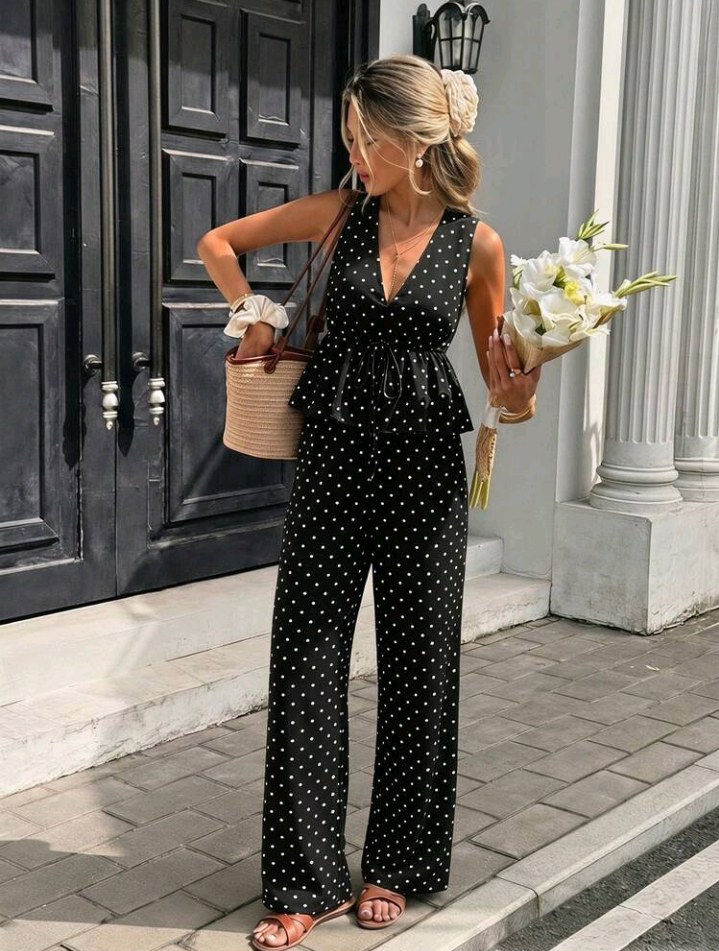 Serisse Women's Polka Dot Pattern Waist Tie Sleeveless Shirt And Pants Casual Two Pieces Set