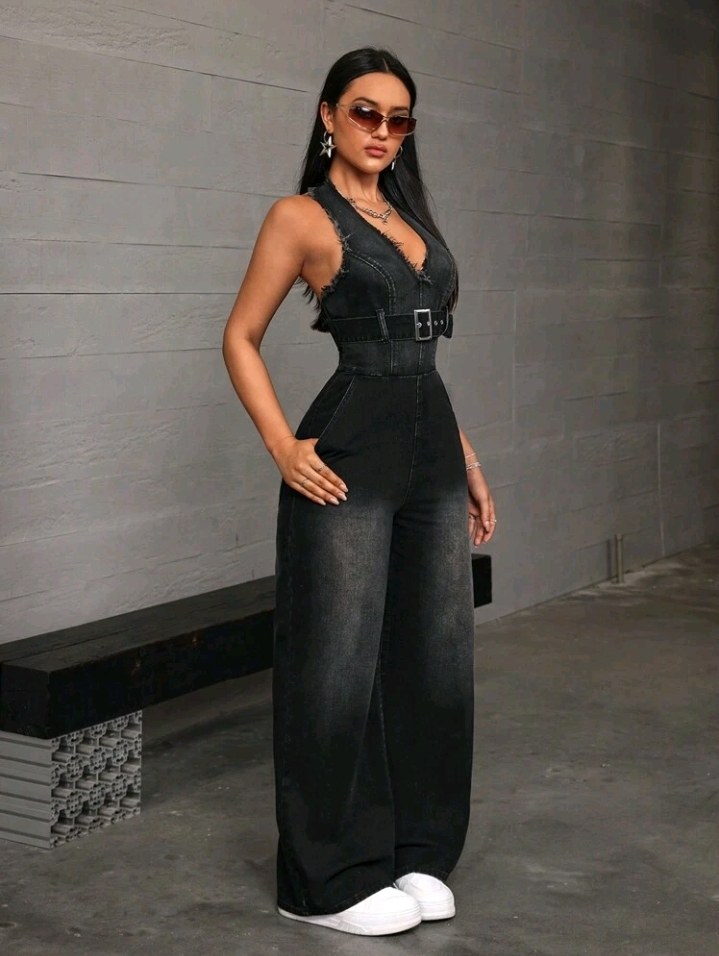 Women's Fashionable Fringed Denim Overalls Jumpsuit