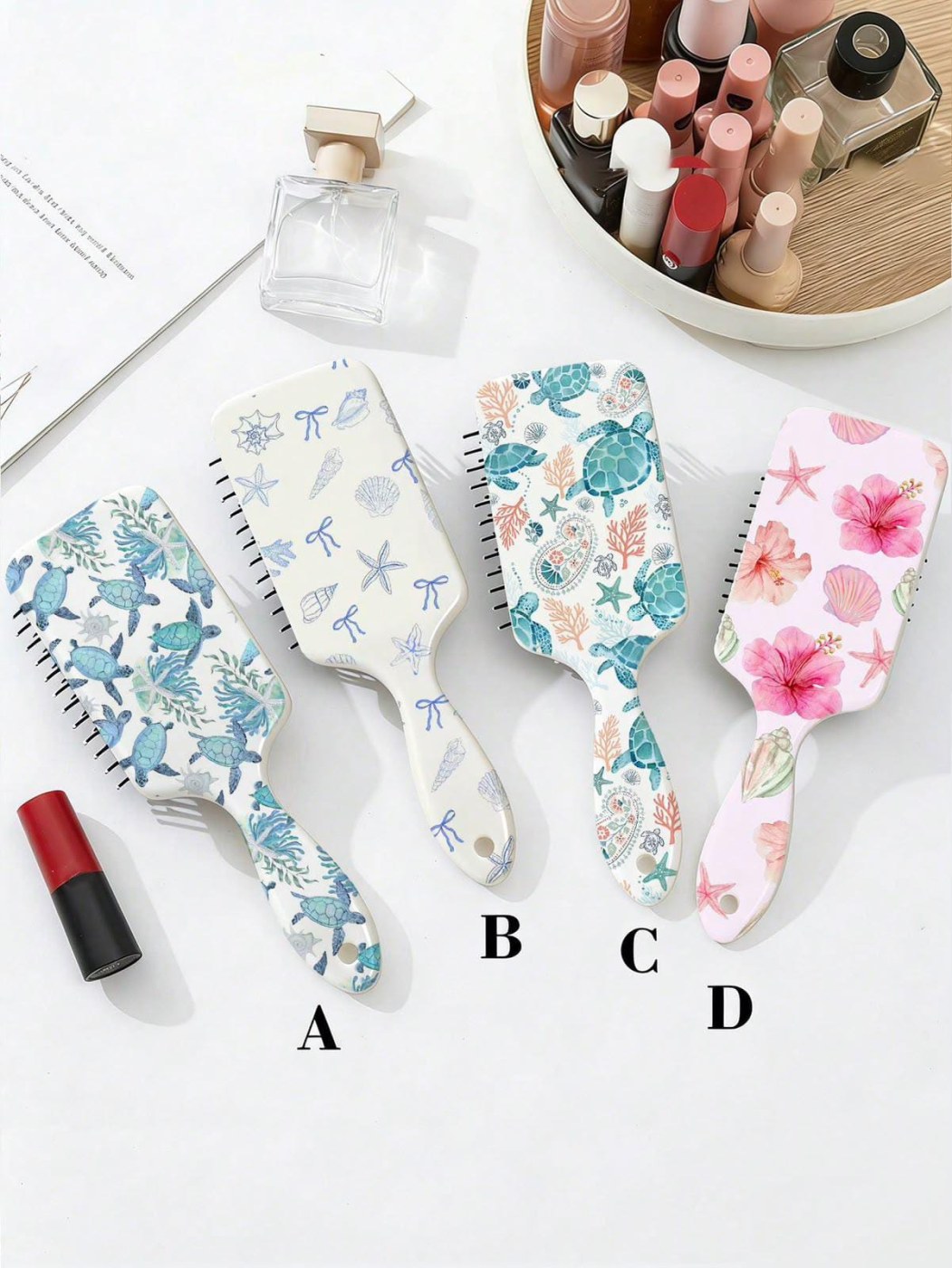 1pc Summer Blue Sea Turtle Pattern Hair Straightening Air Cushion Comb, College Style Ocean Shell Pattern Large Massage Ventilated Handheld Brush
