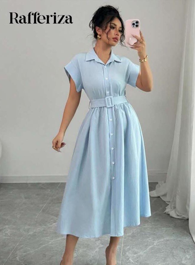 Rafferiza Women's Light Blue Collared Midi Vacation Dress, Spring/Summer