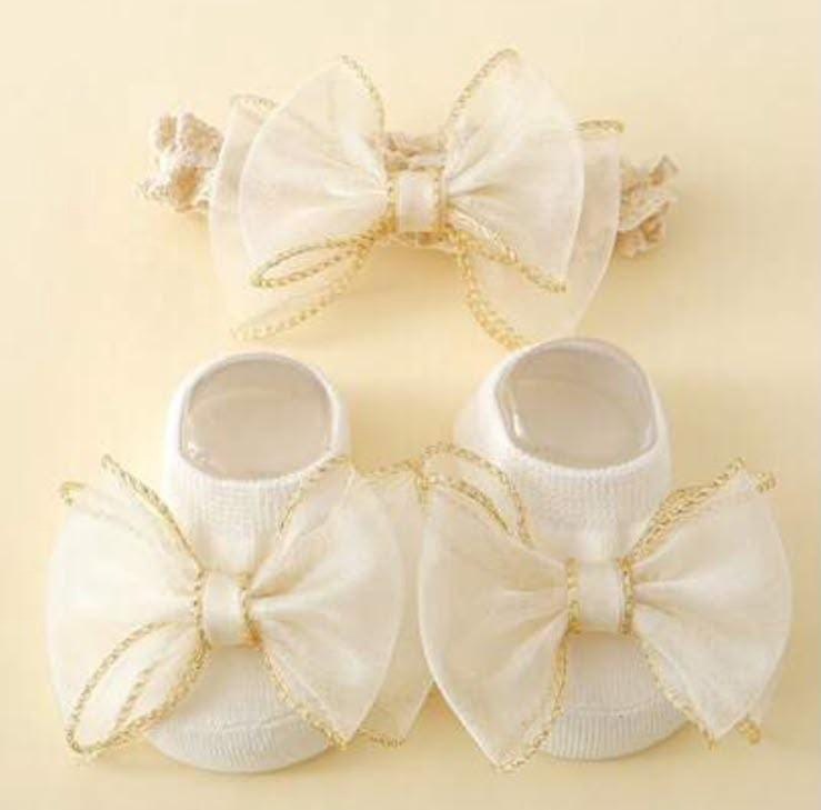 1 Pair Infant Girls Cotton Socks With Gold Edge Bow Anti-Slip + 1pc Baby Headband