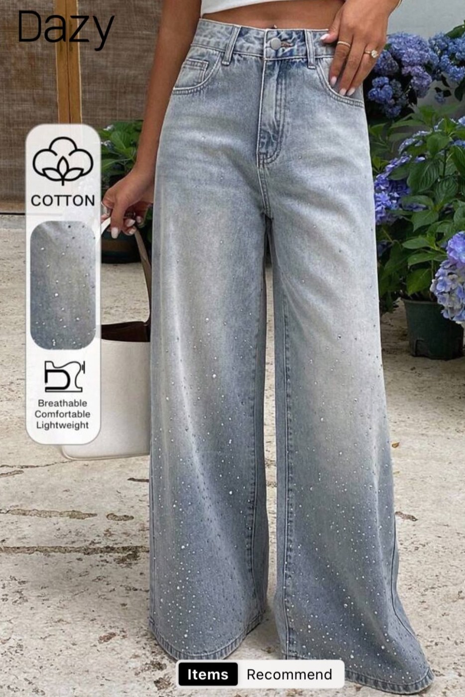 DAZY Women's Casual Fashion Washed Rhinestone Decorated Wide Leg Jeans