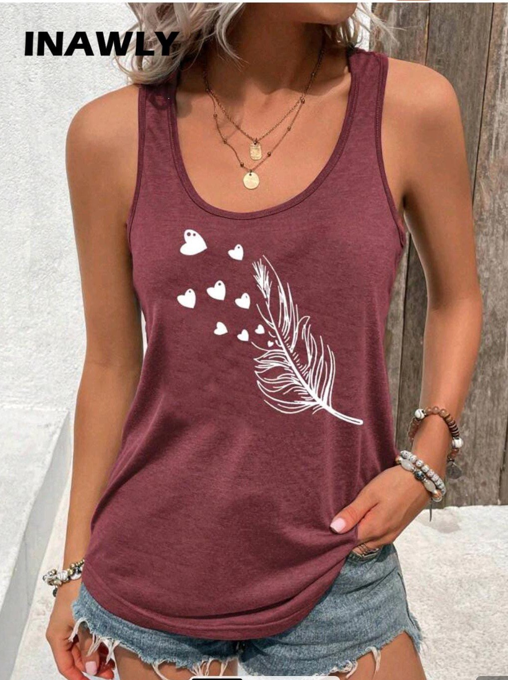 INAWLY Women Heart & Feather Print Casual Loose Fit Round Neck Tank Top