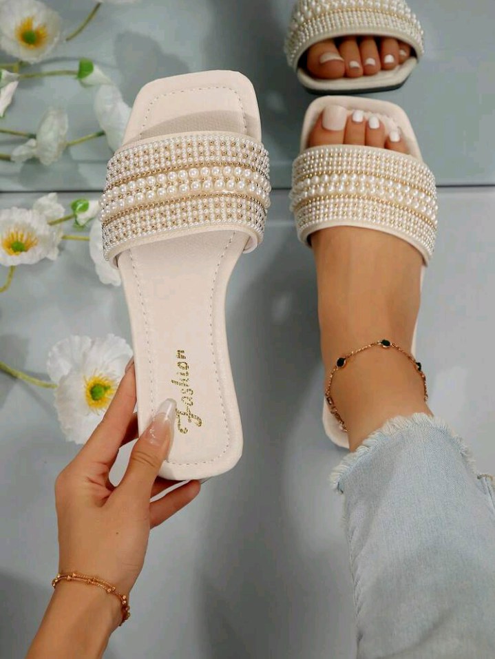 Korean Style Rhinestone Flat Sandals For Women, Summer Outdoor Wear, New Stylish Square Toe Strap Slides,Beach Outfits