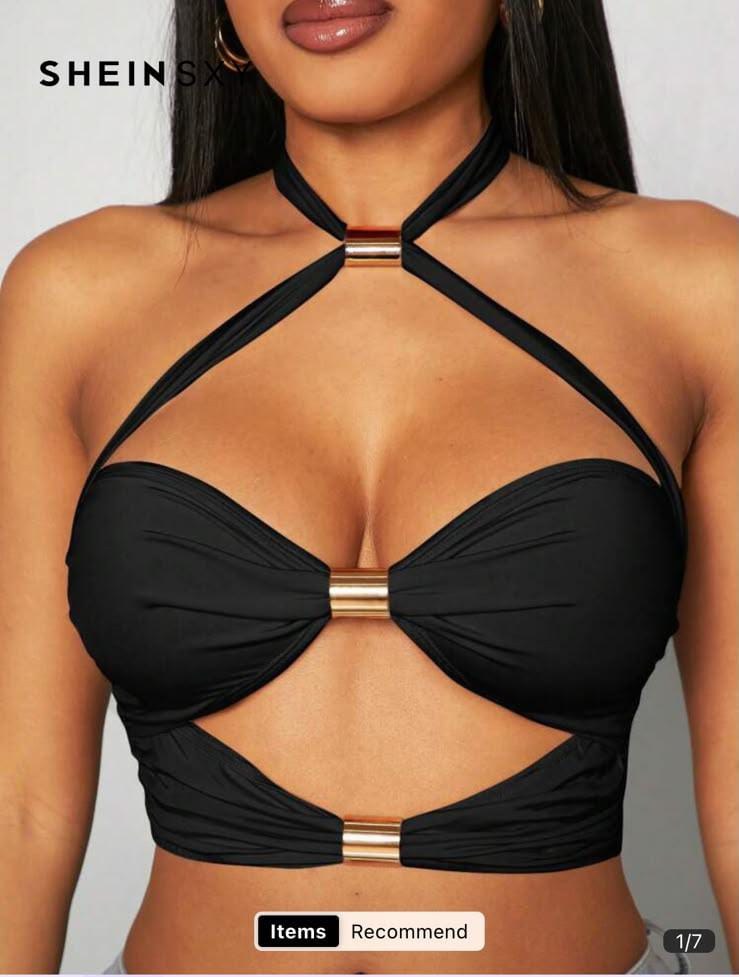 SXY Halter Hollow Out Crop Top With Metal Decor For Women,Black And Gold Summer