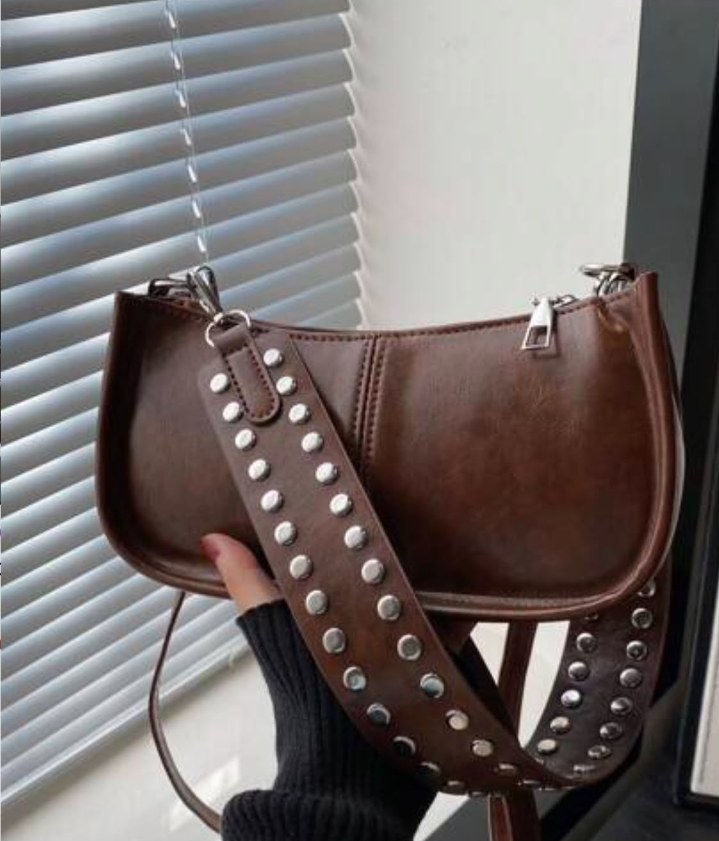 Fashionable Retro Rectangular Handbag, Women's Rivet Decor Underarm Tote Bag, Classic Zipper Shoulder Bag, Vintage Bag For Women,Business Professional Women