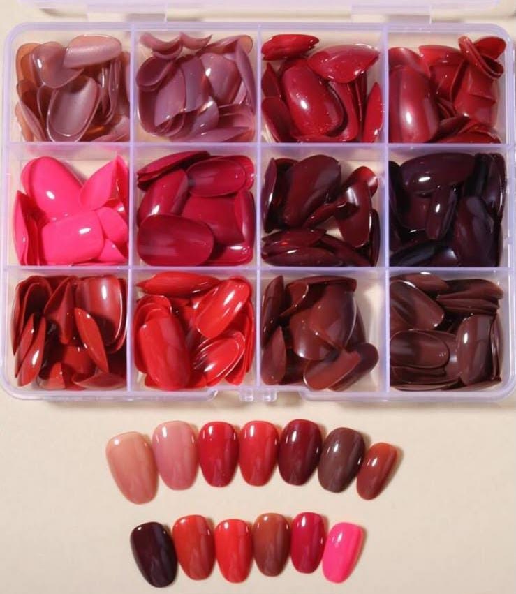 288pcs (12 Mixed Colors) Short Oval Nude, Brown, Red Acrylic Nail Tips, Full Cover Short Fake Nails With Storage Box, Suitable For Daily Life And Party Use For Women
