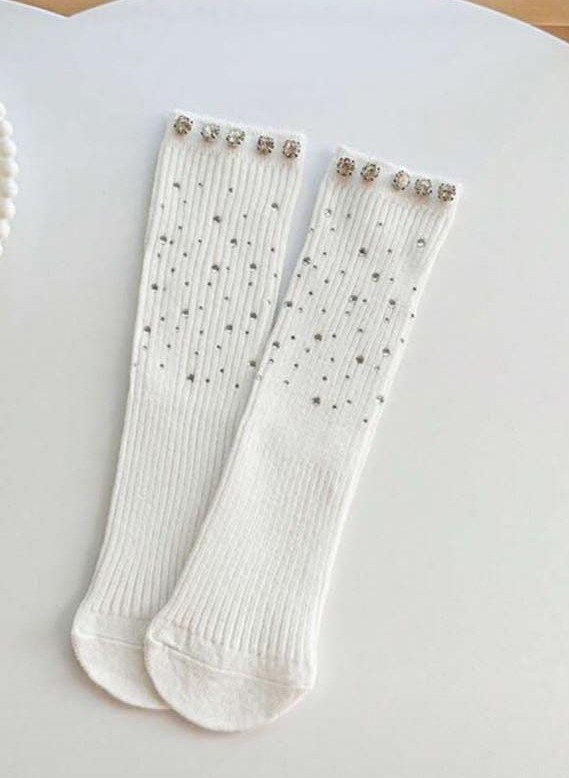 Spring/Summer Lightweight Korean Style Fully Rhinestone Shiny Mid-Calf Socks, Fashionable Versatile Socks With Rhinestone Decor