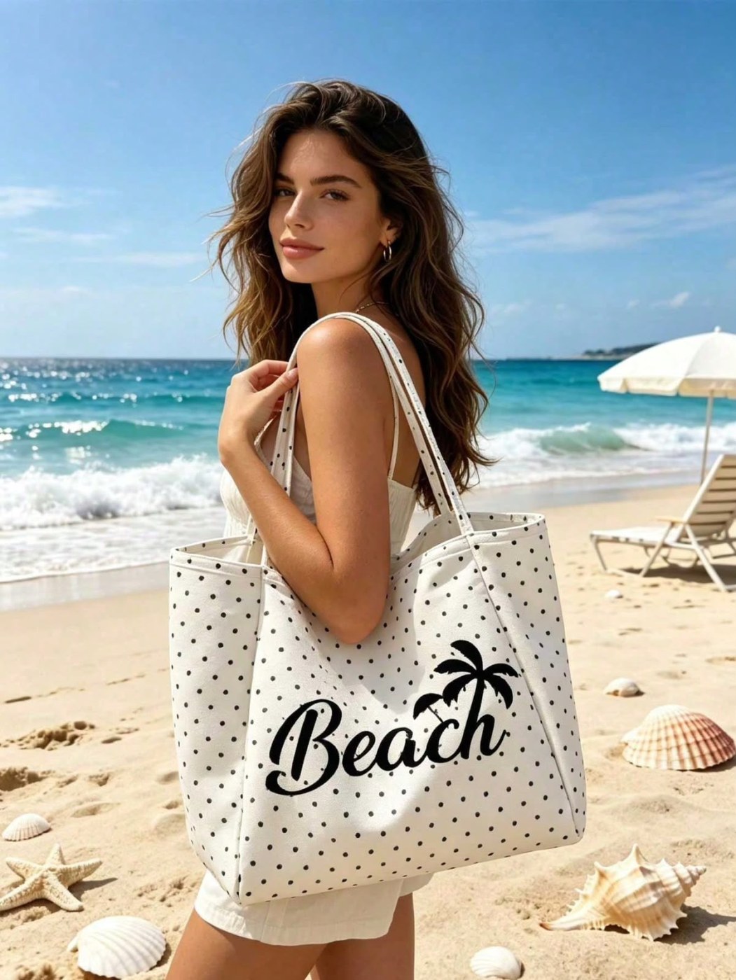 White Polka Dot Beach Tote Bag With "Beach" Letter And Palm Tree Print