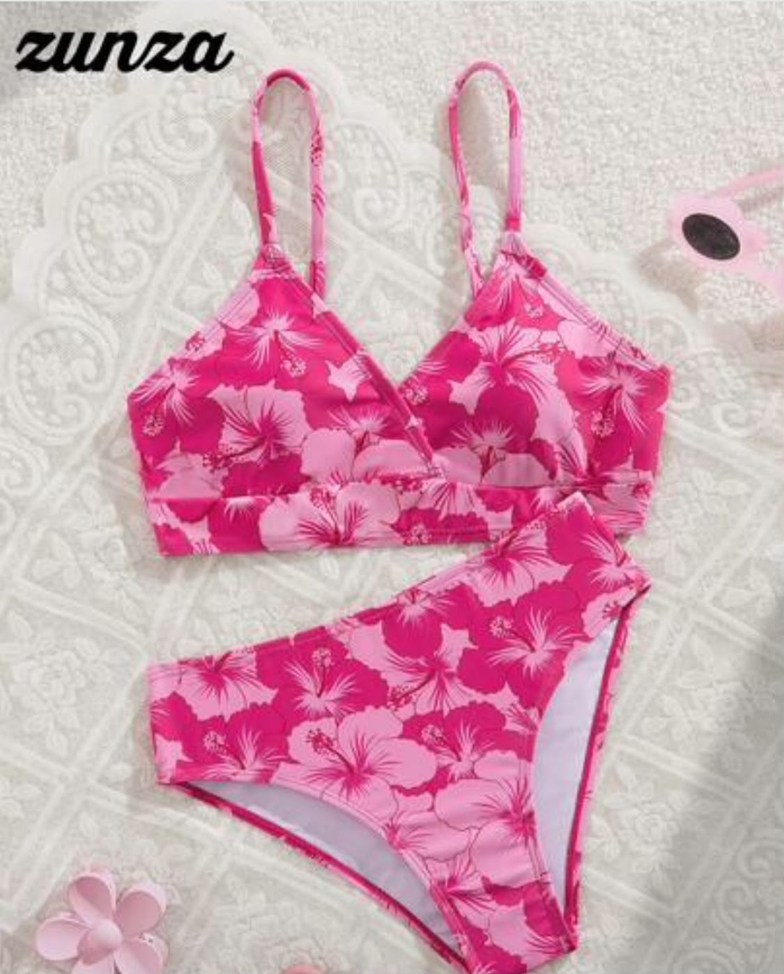 SHEIN Tween Girls' Pink Ditsy Floral Spaghetti Strap Bikini Swimwear Set, Summer Beach Vacation