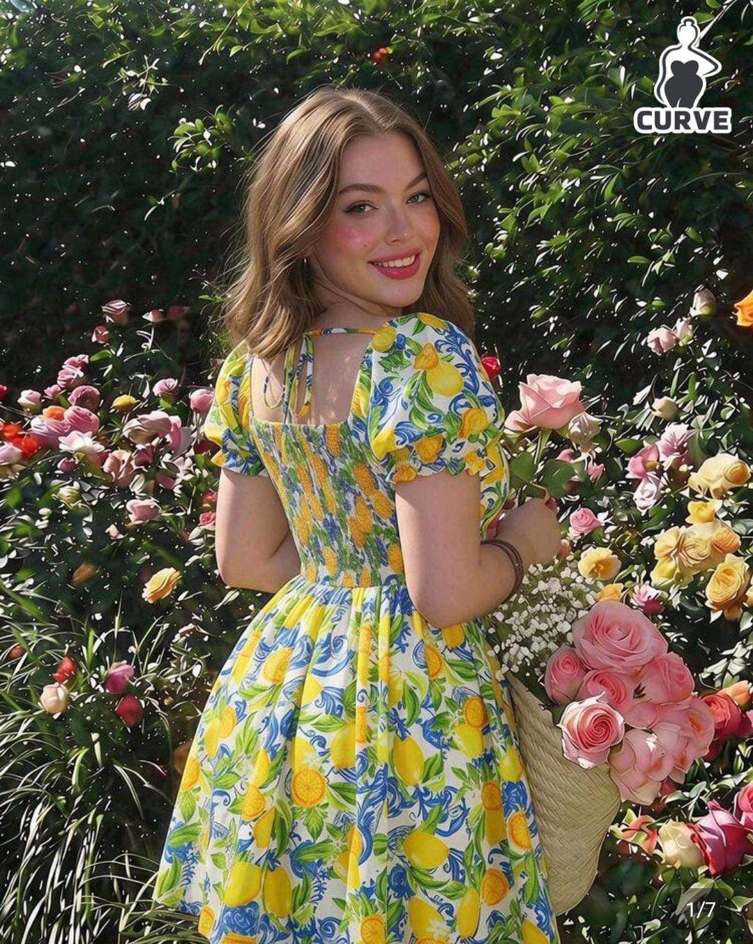 Women White Yellow Fruit Print Square Neck Puff Sleeve Mini Dress,Summer Holiday Picnic Beach Outfit,Fitted Waist Flared Skirt,Casual Style