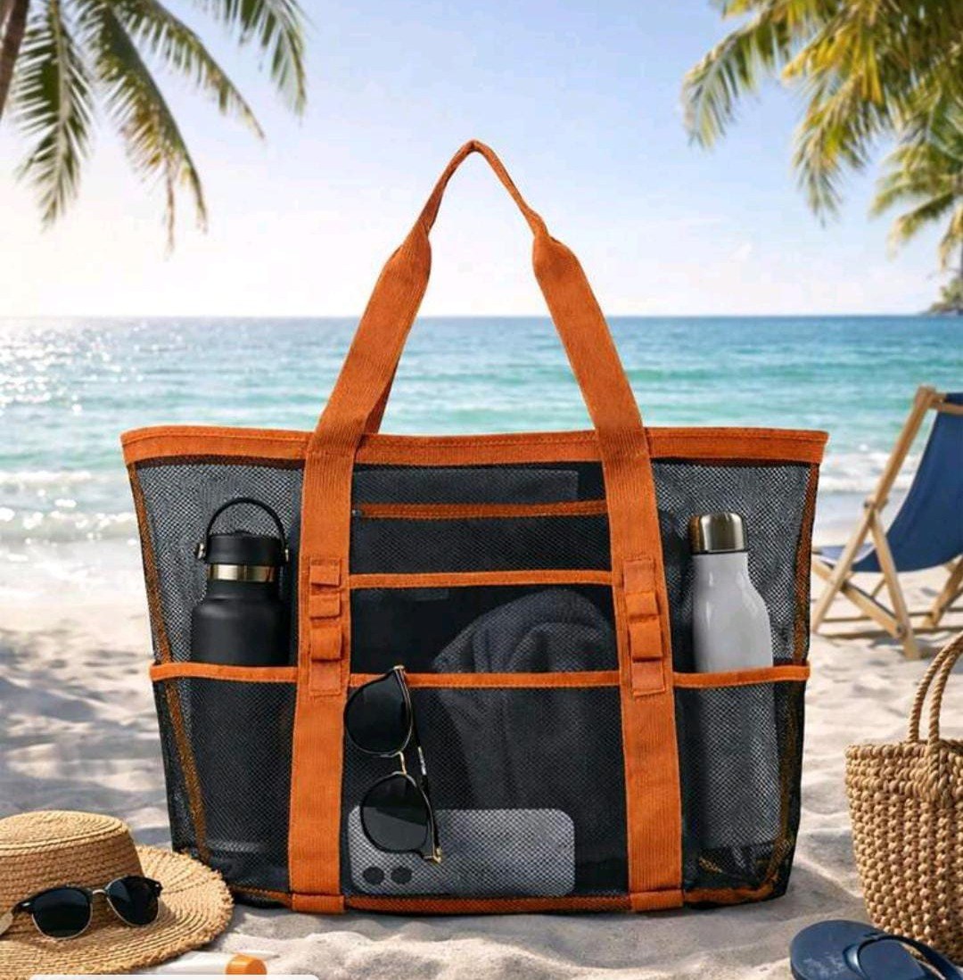 Hollow Polyester Mesh Large Capacity Beach Bag, Travel Laundry Bag, Swimming Storage Bag, Minimalist Mesh Beach Bag
