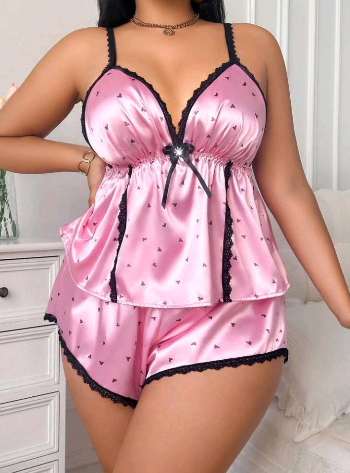 SHEIN Plus Size Satin PJS With Lace Trim And Spaghetti Straps In Pink Plus Size Lingerie 2 Piece Set