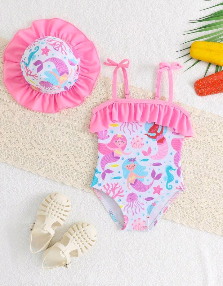White Summer Cute Beach Newborn Baby Girls Mermaid One-Piece Swimsuit Set With Hat,Pink Ruffle Spaghetti Strap Bow Trim Digital Print Bathing Suit