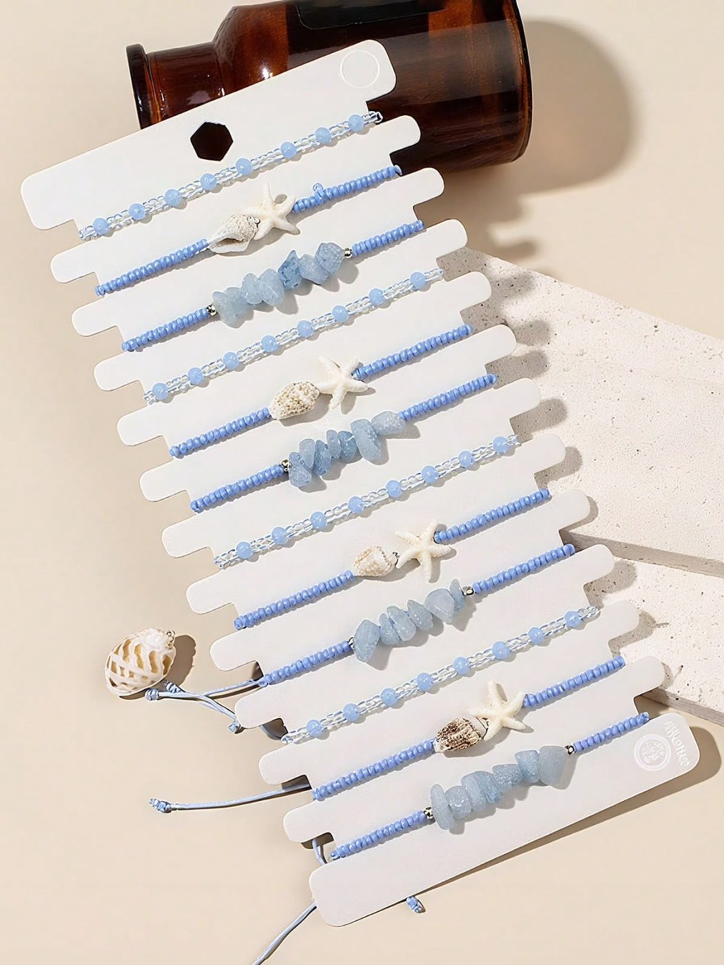 Bohemian Ocean Blue Beaded Shell & Light Blue Stone Adjustable Bracelet Set