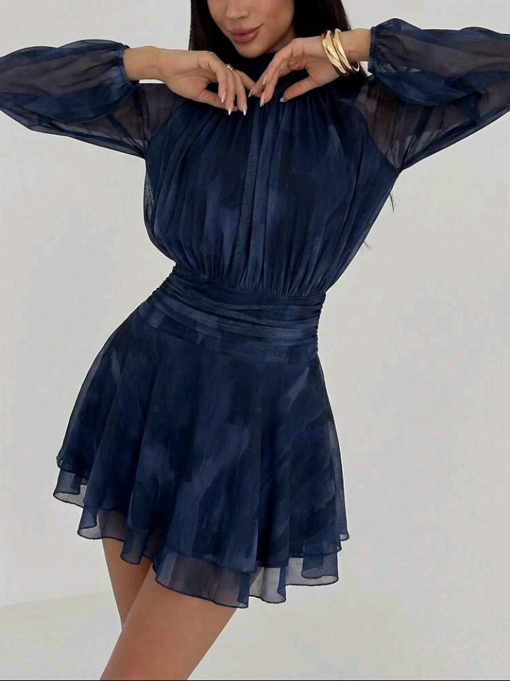 Aloruh Women's Navy Blue Elegant Summer Day Party Long Sleeve Fitted A-Line Umbrella Dress,Mesh Print Stand Collar Tie Waist Casual Outing Teacher Wear Dress