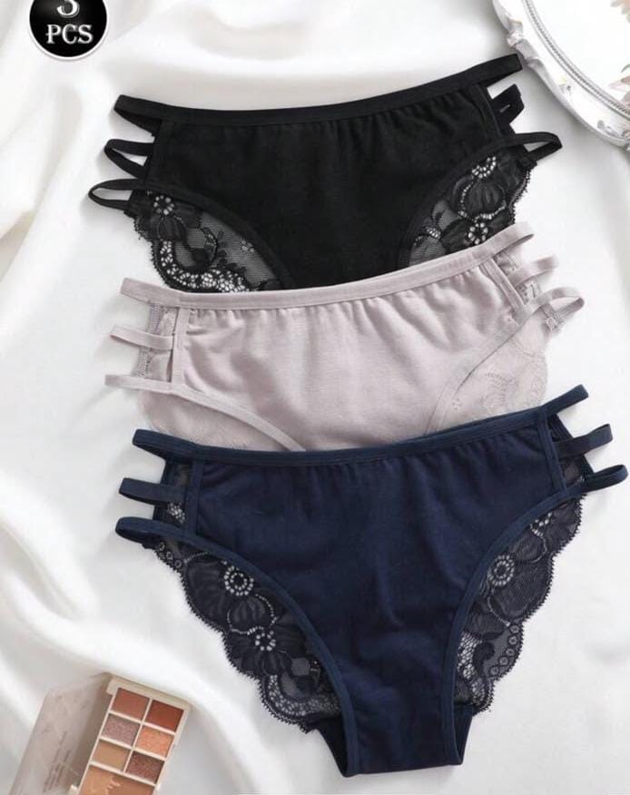 3pcs Set Solid Color Lace Patchwork Spaghetti Strap Hollow Triangle Panty, Sexy & Romantic Women Underwear